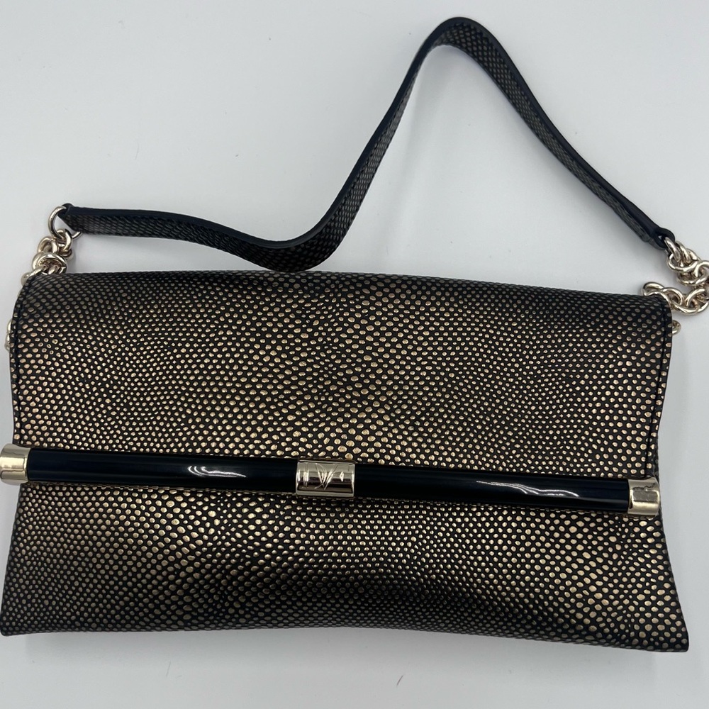 Diane von Furstenberg Metallic Caviar Leather Black and Gold Evening Clutch